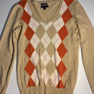 Tommy Hilfiger Argyle Sweater Women’s Medium Pima Cotton Tan Orange V-Neck
